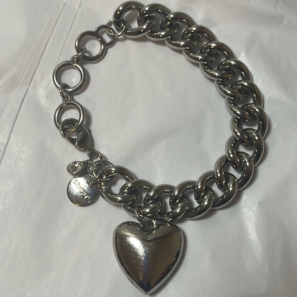 Chico's Heavy Silver Tone Chain Link Bracelet with Large Dangling Puffed Heart - Picture 1 of 6